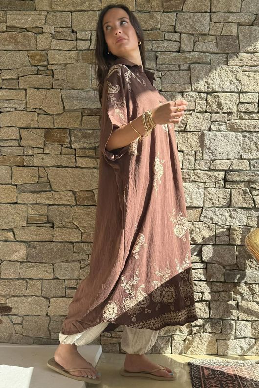 Yara Paisley Embroidered Shirt Dress Chocolate